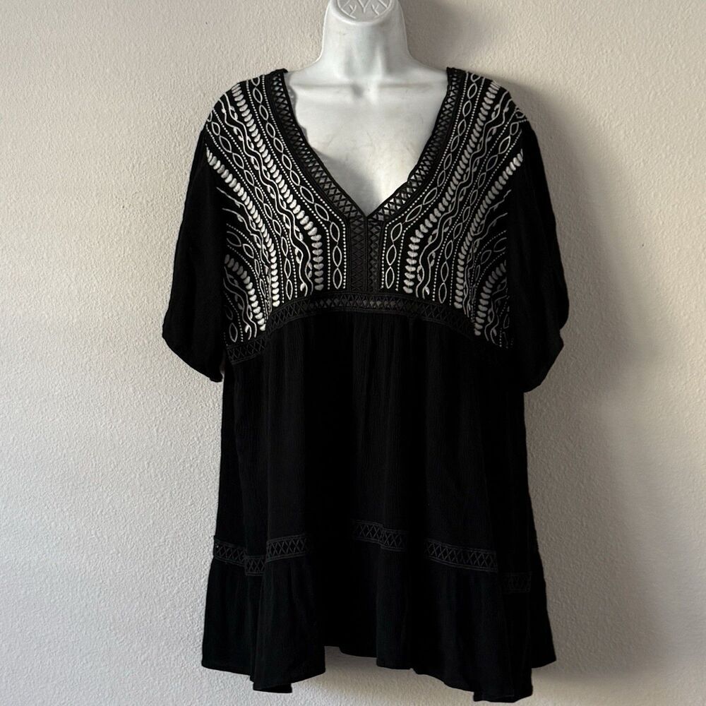 Velzera Embroidered Boho Tunic Top 1XL Black Gauze Hippie Gypsy Festival Peasant